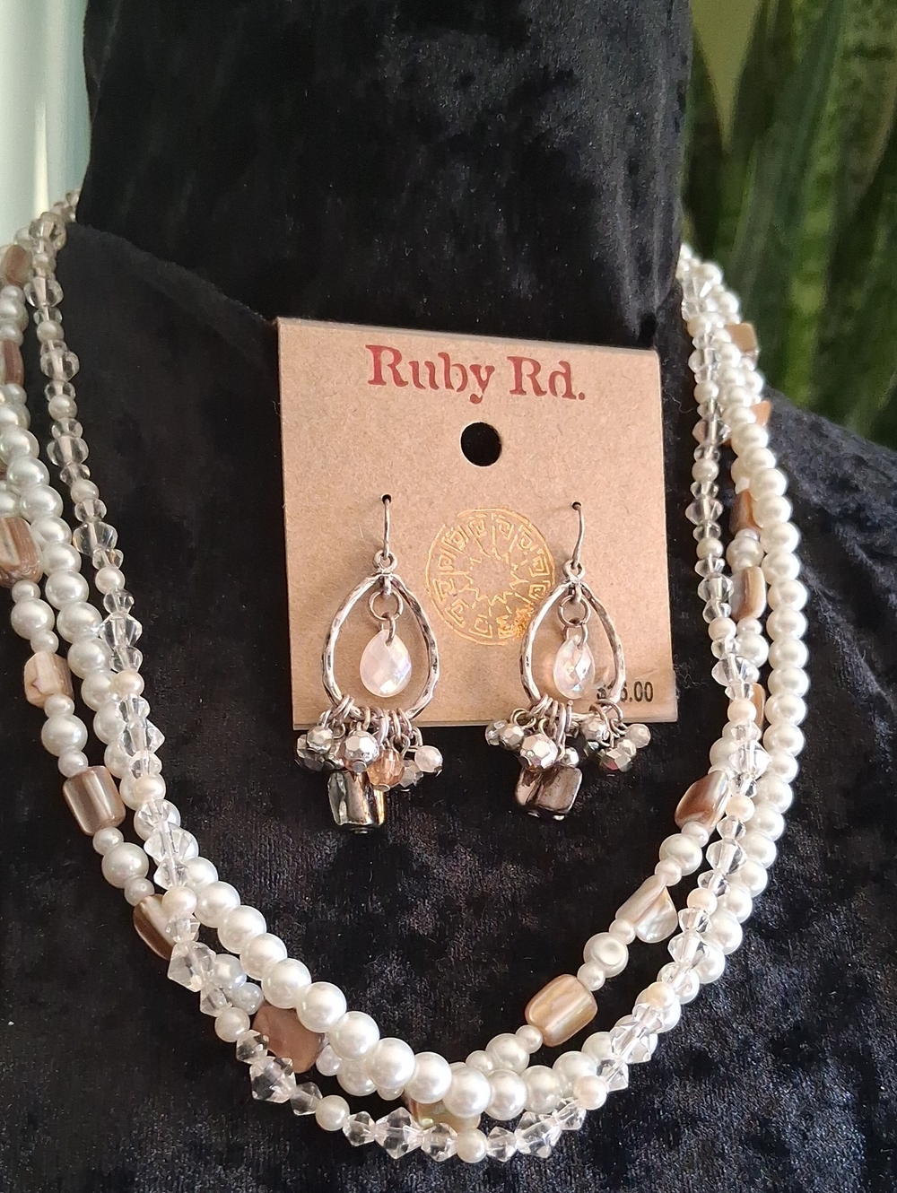 Ruby Rd. Pearl and Crystal Multi-Strand Necklace with Dangle Earrings - Cream